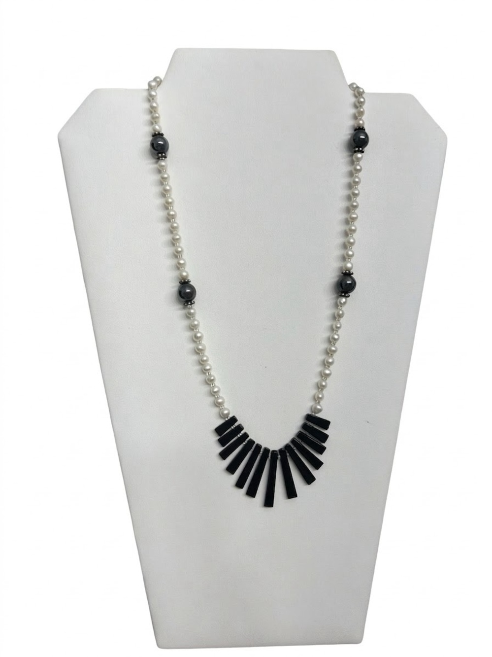 24” Freshwater Pearls & Black Fan Statement Necklace Toggle Clasp